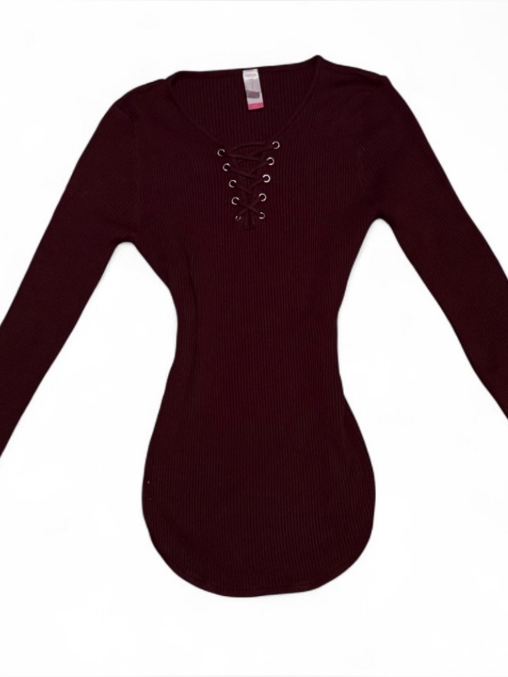 No Boundaries Burgundy Ribbed Lace Up Long Sleeve Top